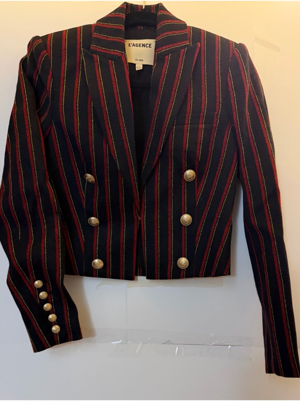 L'AGENCE Black Blazer with Red and Gold Stripes